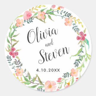 Sticker Rond Mariage de  de couronne de fleurs d'aquarelle