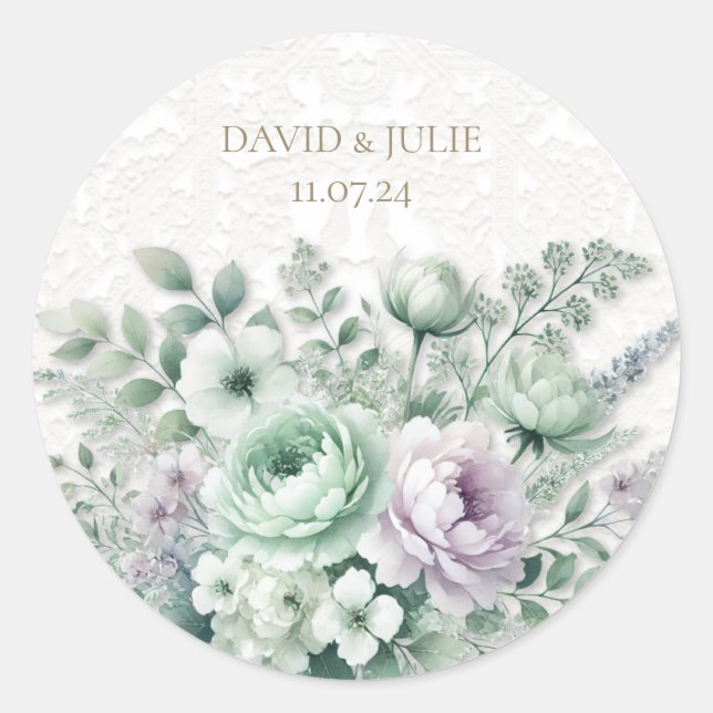 Sticker Rond Mariage de dentelle blanc et vert menthe (Devant)