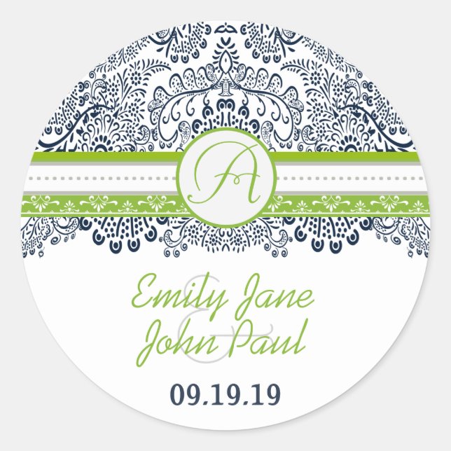 Sticker Rond Mariage de dentelle gris vert de la marine (Devant)