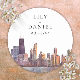 Sticker Rond Mariage de destination à Chicago avec ciel en aqua