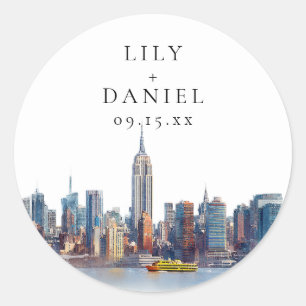 Sticker Rond Mariage de destination à New York à l'aquarelle