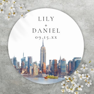 Sticker Rond Mariage de destination à New York à l'aquarelle