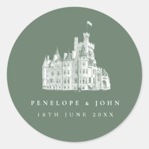 Sticker Rond Mariage de Destination au Château Vintage Vert Sau