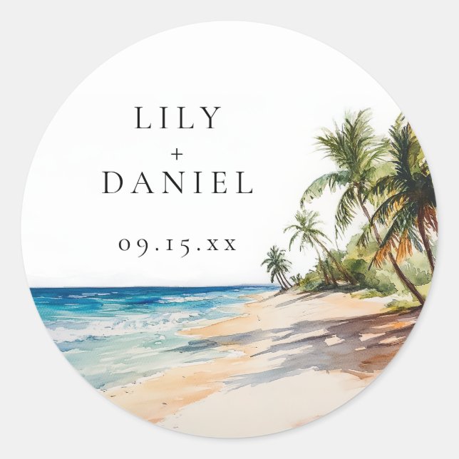 Sticker Rond Mariage de destination tropical à l'aquarelle (Devant)