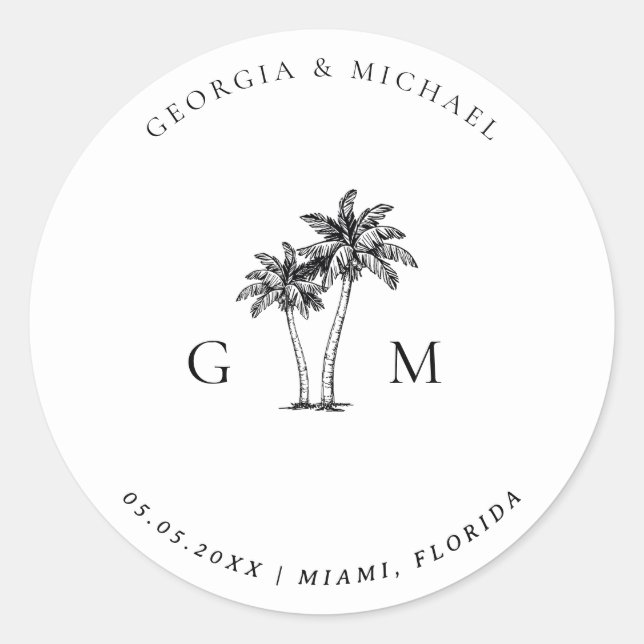Sticker Rond Mariage de Destination Tropical Monogramme Palmier (Devant)