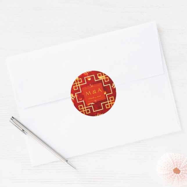 Sticker Rond Mariage de dragon rouge et or (Enveloppe)