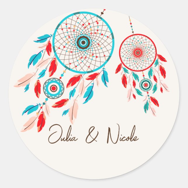 Sticker Rond Mariage de Dreamcatcher en plumes de la tribu Boho (Devant)