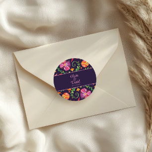 Sticker Rond Mariage de Fête Florale Mexicaine de Couleur Viole