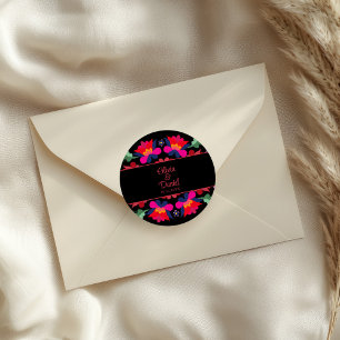 Sticker Rond Mariage de Fête Florale Mexicaine Noir et Rouge