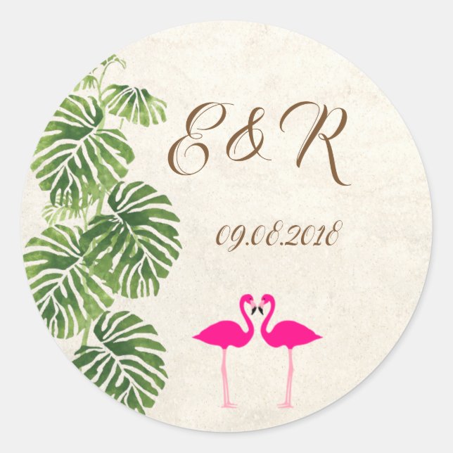 Sticker Rond Mariage de Flamants roses tropicaux (Devant)