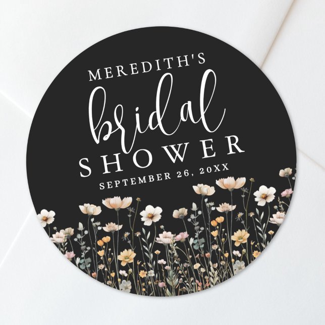 Sticker Rond Mariage de Fleur Sauvage Noire (Black Wildflower Bridal Shower Classic Round Sticker )