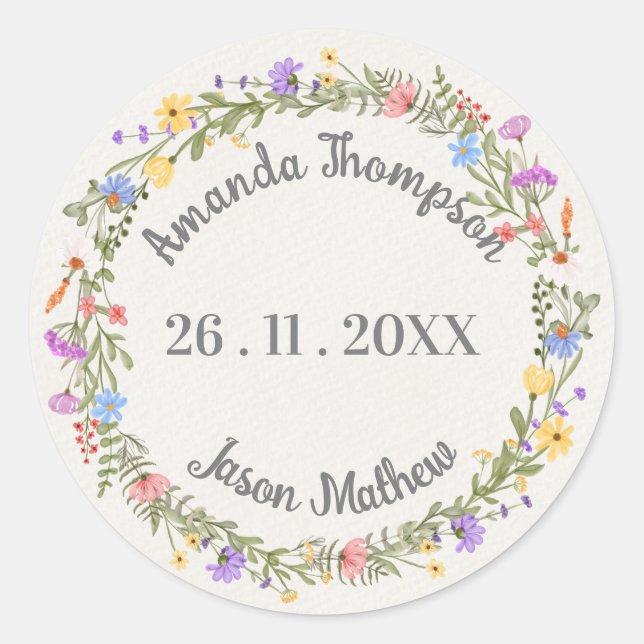 Sticker Rond Mariage de fleur sauvage rose vif violet fleuri (Devant)