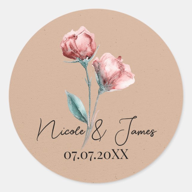 Sticker Rond Mariage de Fleurs Aquarelle Beige Pêche (Devant)