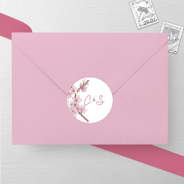 Sticker Rond Mariage de fleurs de cerisier d'aquarelle (Créateur téléchargé)