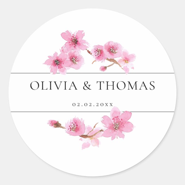 Sticker Rond Mariage de fleurs de cerisier d'aquarelle moderne (Devant)