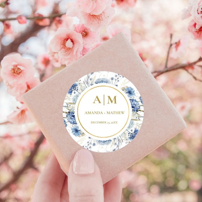 Sticker Rond Mariage de fleurs de printemps bleu Dusty (Créateur téléchargé)