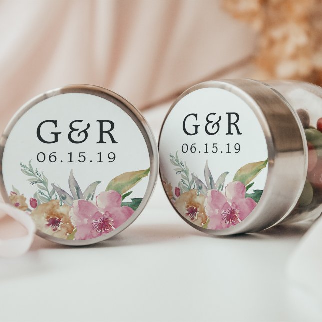 Sticker Rond Mariage de fleurs peintes Monogramme et date (Créateur téléchargé)