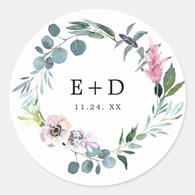 Sticker Rond Mariage de fleurs romantiques monogrammes personna (Devant)