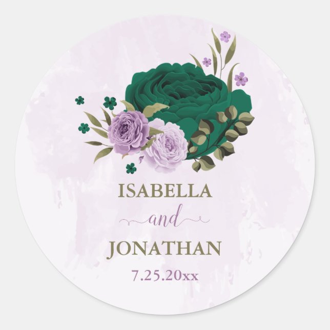 Sticker Rond mariage de fleurs violettes vert émeraude (Devant)