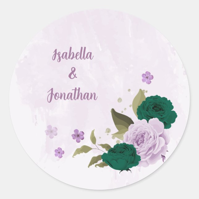 Sticker Rond mariage de fleurs violettes vert émeraude (Devant)