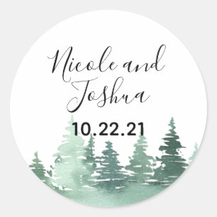 Sticker Rond Mariage de forêt de pins d'aquarelle rustique