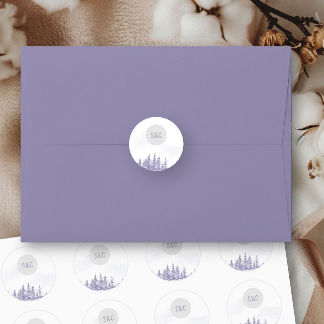 Sticker Rond Mariage de forêt d'hiver Simple Monogramme Aquarel (Monogrammed envelope seals from my Winter Forest Lavender Wedding Collection)