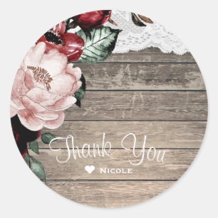 Sticker Rond Mariage de grange Floral Rustique Bois & Dentelle 
