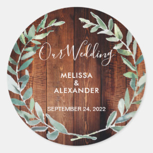 Sticker Rond Mariage de grange rustique feuille aquarelle