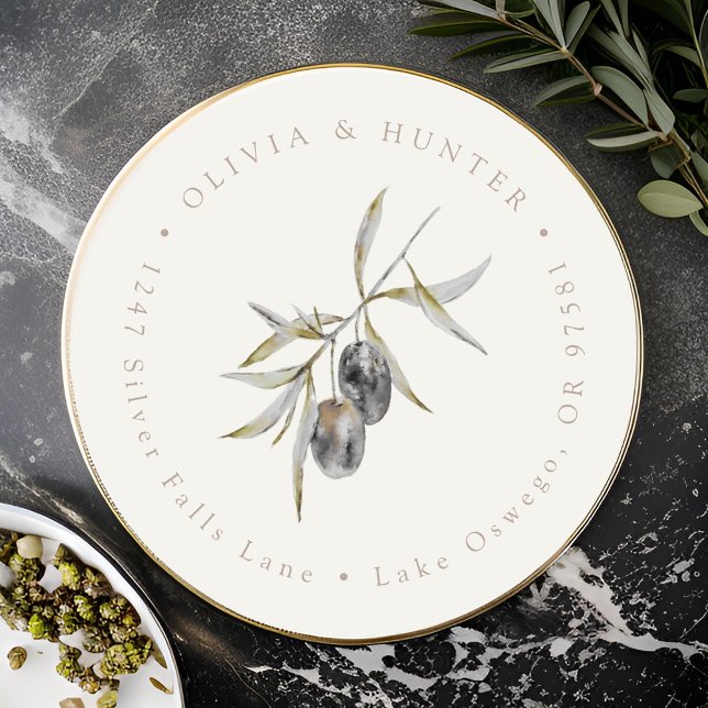 Sticker Rond Mariage de la branche Olive Couple Noms Adresse de (Créateur téléchargé)