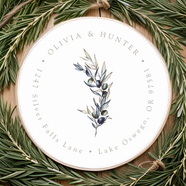 Sticker Rond Mariage de la branche Olive Couple Noms Adresse de (Créateur téléchargé)