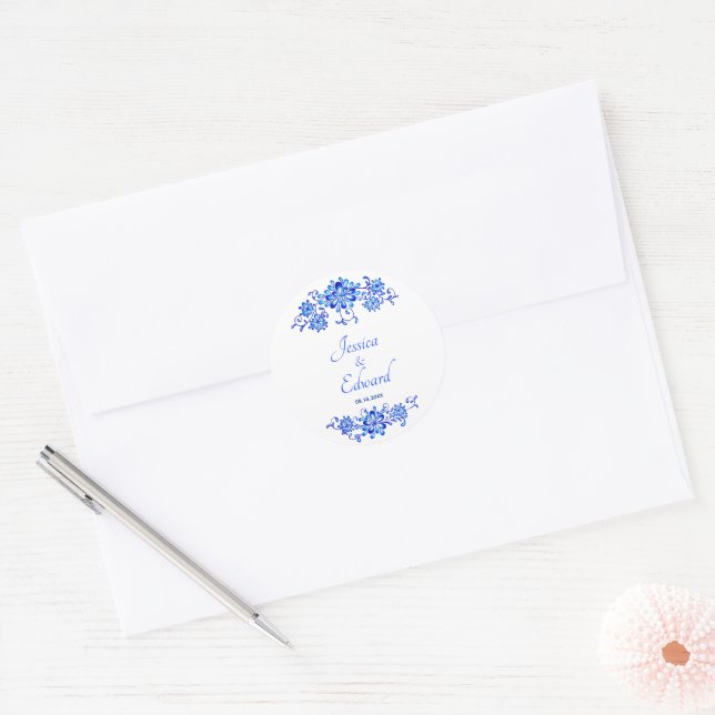 Sticker Rond Mariage de la marine Blue Floral Garland (Enveloppe)