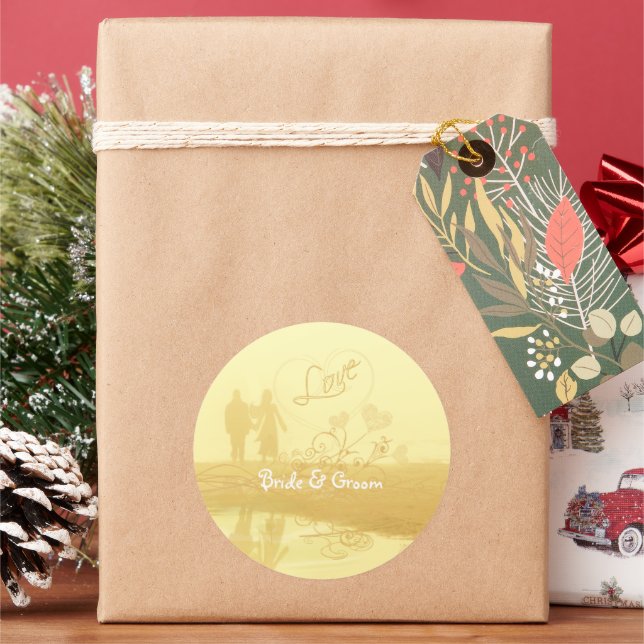 Sticker Rond Mariage de la plage de Coeur Jaune (vacances)