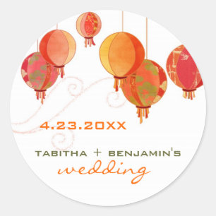 Sticker Rond Mariage de lampions rouges Enregistrer la date