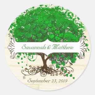 Sticker Rond Mariage de l'arbre à feuilles en cœur de vert émer