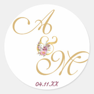 Sticker Rond Mariage de lettre Gold MONOGRAM PERSONNALISÉ