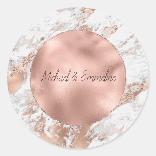 Sticker Rond Mariage de Marbre blanc rose Gold Glitz (Devant)
