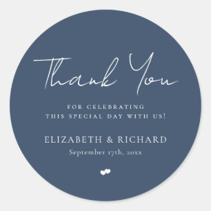 Sticker Rond Mariage de Merci de script bleu Whimsical Navy