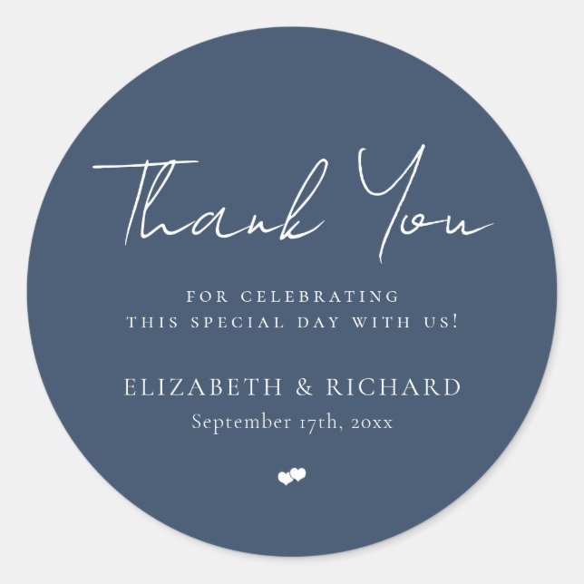 Sticker Rond Mariage de Merci de script bleu Whimsical Navy (Devant)