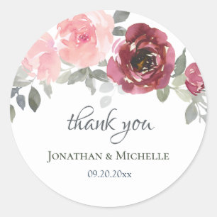 Sticker Rond Mariage de Merci Floral rose-bordeaux