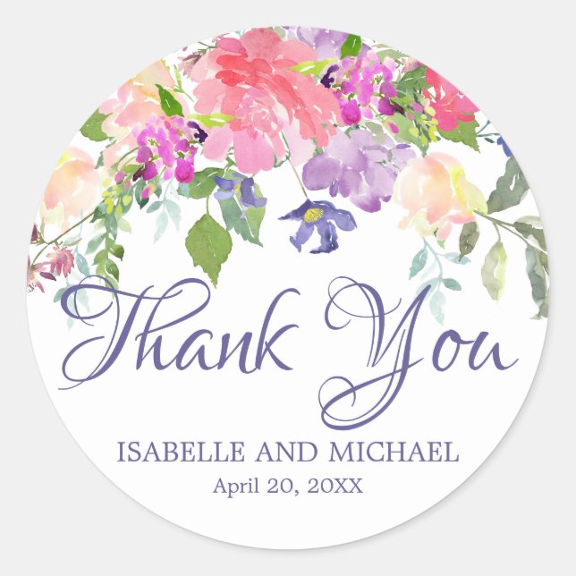 Sticker Rond Mariage de Merci floral rose et violet romantique (Devant)