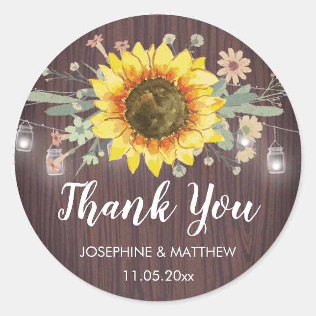 Sticker Rond Mariage de Merci rustique Tournesol Jar (Devant)