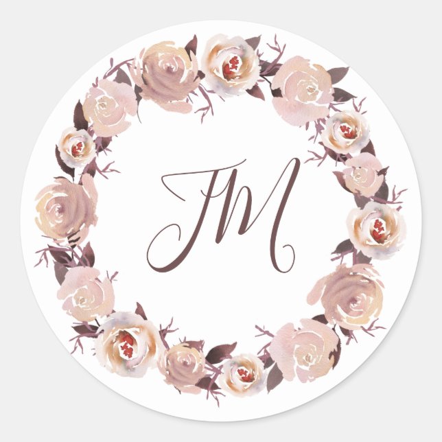 Sticker Rond Mariage de monogramme à couronne florale Rose (Devant)