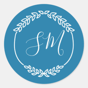 Sticker Rond Mariage de monogramme à feuille blanche bleu turqu