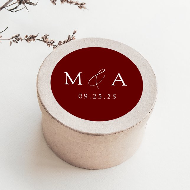 Sticker Rond Mariage de Monogramme Bourgogne moderne (Créateur téléchargé)