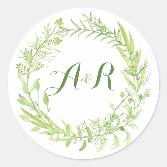 Sticker Rond Mariage de monogramme de couronne fleurie verte (Devant)