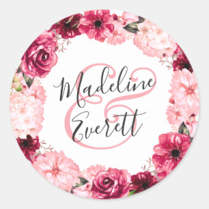 Sticker Rond Mariage de monogramme de couronne florale rose vif