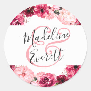 Sticker Rond Mariage de monogramme de couronne florale rose vif