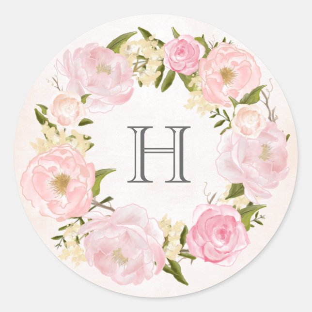 Sticker Rond Mariage de monogramme de couronne rose pâle (Devant)