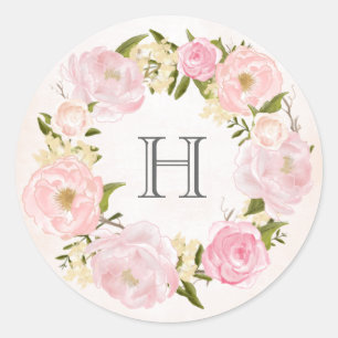 Sticker Rond Mariage de monogramme de couronne rose pâle