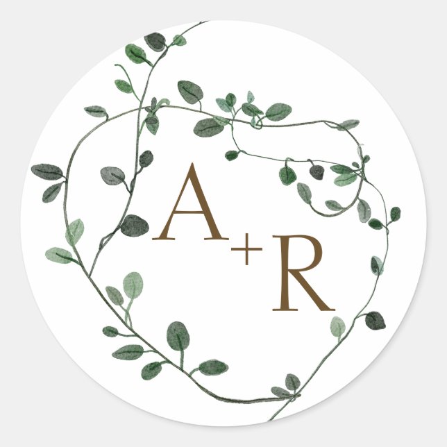 Sticker Rond Mariage de monogramme de couronne verte (Devant)
